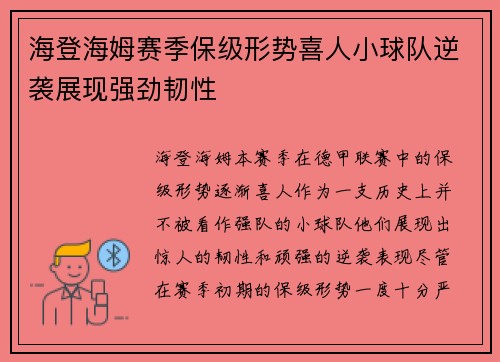 海登海姆赛季保级形势喜人小球队逆袭展现强劲韧性